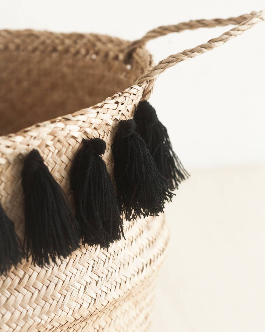 Black Tasseled Belly Baskets: Medium